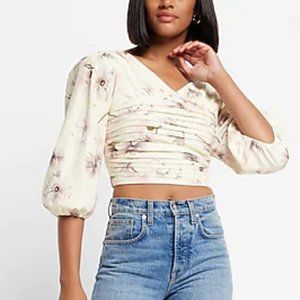 (C) Express Poppies Print Linen-Blend Ruched Cropped Top